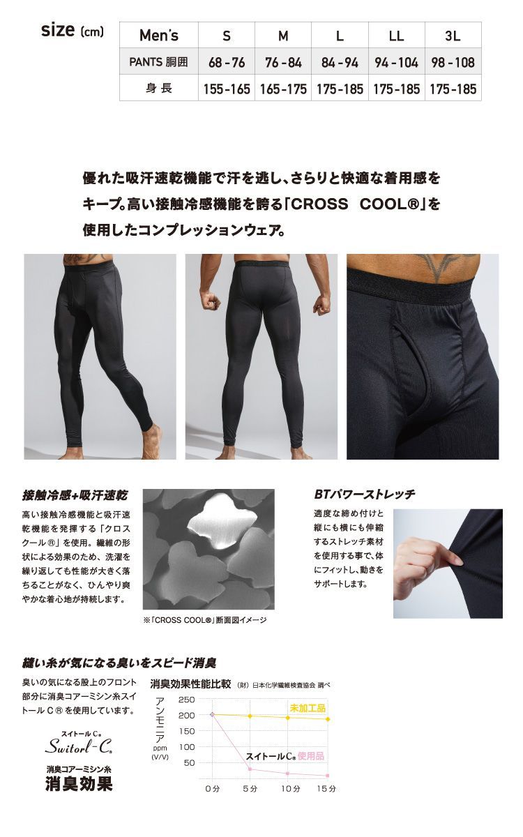 前開きロングパンツ JW-633 黒 Sサイズ～３Lサイズ おたふく手袋 冷感・消臭 UV CUT生地 ストレッチタイプ インナー