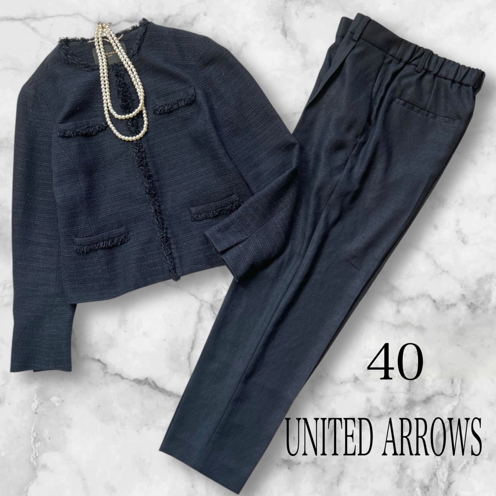 ユナイテッドアローズ 40 Lサイズ フォーマル パンツスーツセットアップ ツイードジャケット ワンタックパンツ ダークネイビー レディース