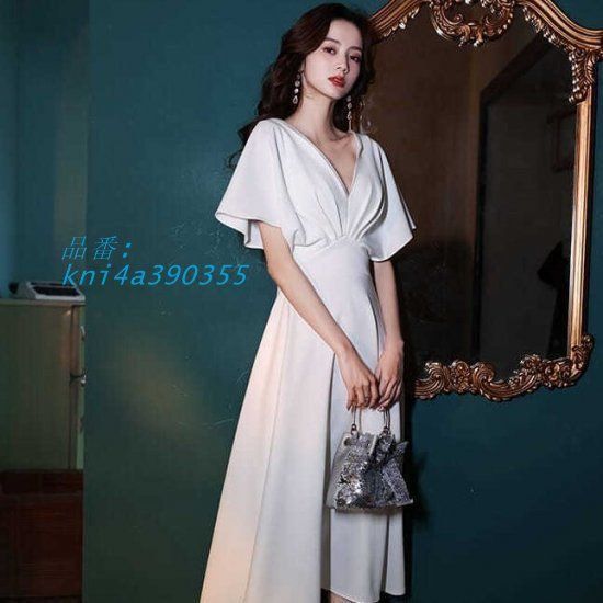 パーティードレス 韓国 おしゃれ お呼ばれ 上品 結婚式 二次会 大きいサイズ 半袖 ロング 可愛い 謝恩会 ワンピース 成人式 エレ白 kni4a390355