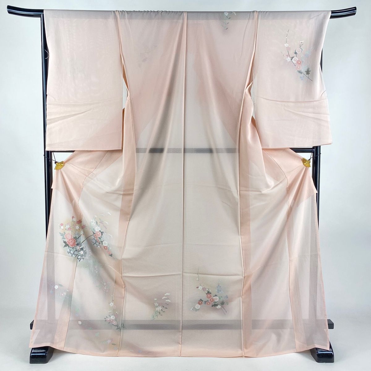 付下げ 身丈177cm 裄丈68.5cm 薄物 絽 仮絵羽 花籠 草花 金銀彩 ピンク 正絹 秀品