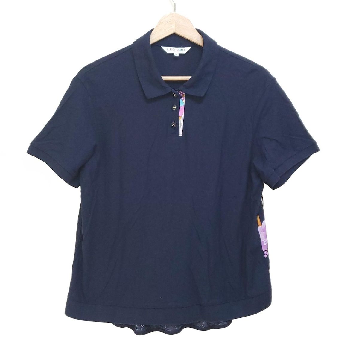LEONARD SPORT レオナールスポーツ 半袖ポロシャツ サイズ42 L レディース - 黒×パープル×マルチ 花柄