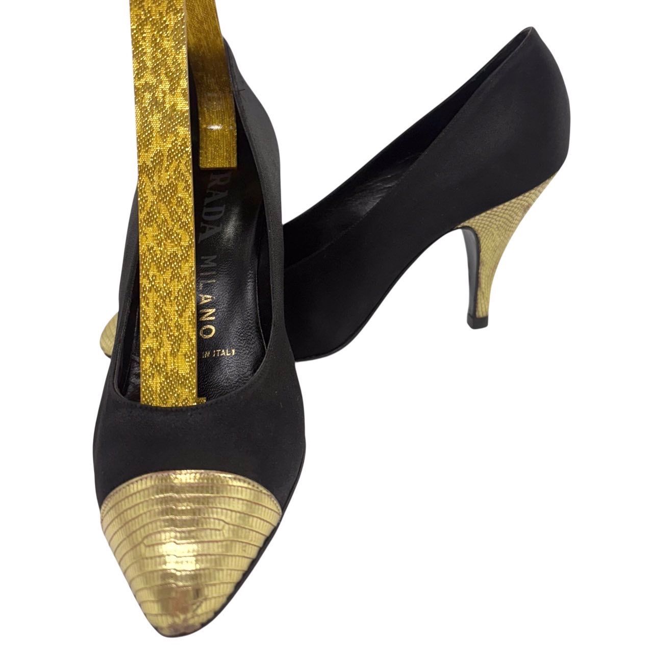 【美品】PRADA シルクサテン パンプス プラダ PRADA 極美品 シルクサテン パンプス ブラック×ゴールド
