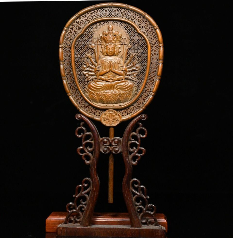 旧家蔵出し 黄楊木細密彫 千手觀音紋屏風 置物 賞物 文房具 書道品