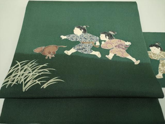 平和屋着物○九寸名古屋帯 友禅 作家者 草花文 水浅葱色 鬼しぼ縮緬