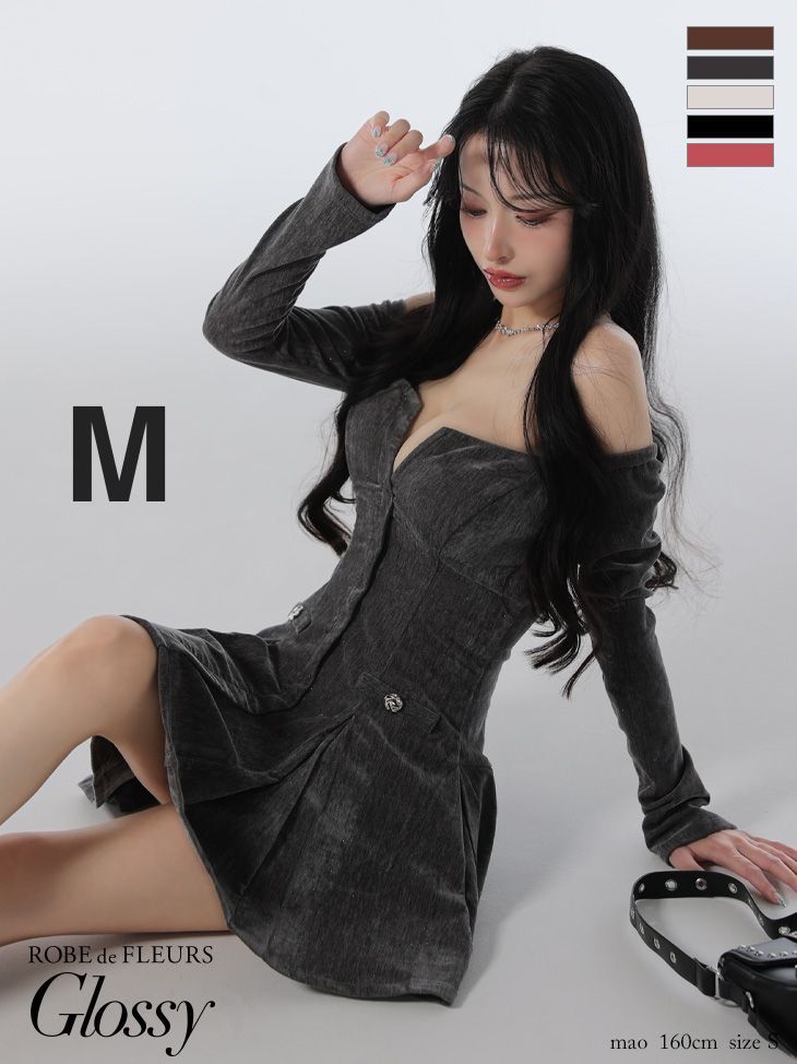 グレー GL4123-BR-2509 ROBE de FLEURS Glossy|ローブドフルール グロッシー 長袖 | オフショル| ロングスリーブ| ラメニット| フ | ミニドレス| キャバドレス| ナイトドレス