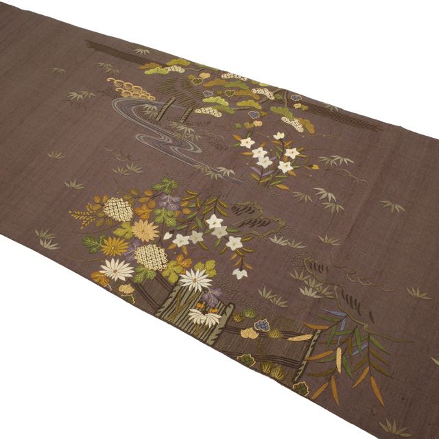 中古】袋帯 紬 正絹 手刺繍 金駒刺繍 こげ茶地 御所解文様 草花柄 菊