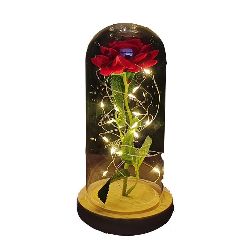 (pont du monde) 造花 LED バラ 薔薇 プリザーブドフラワー 枯れない フラワー ローズ 花束 (赤色 木の色底) [赤色 木の色底]