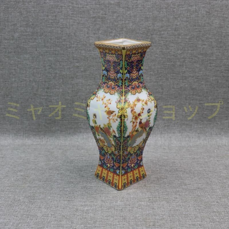 琺瑯彩蒔絵花鳥四方瓶 挿花器 景徳鎮 陶磁器 装飾品 現代工芸