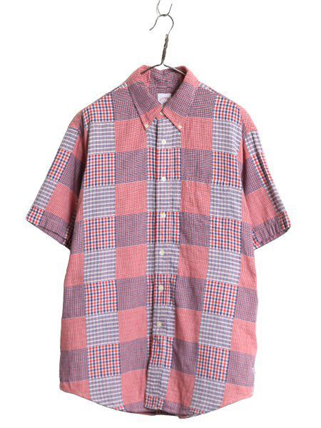 【お得なクーポン配布中!】 ブルックスブラザーズ パッチワーク 半袖 ボタンダウン シャツ メンズ L / 古着 BROOKS BROTHERS 346 半袖シャツ チェック マルチカラー BD