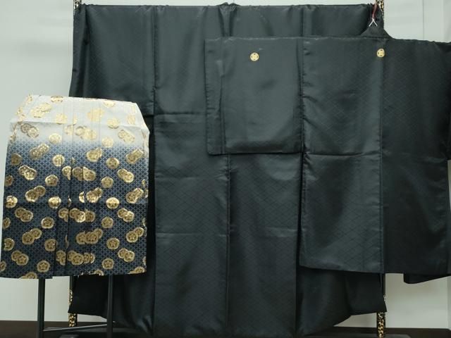 平和屋着物 上 男性 色無地 紋付き羽織 行灯袴セット キングサイズ 黒地 花菱地紋 舞台衣装 洗える着物 CZAA3658s5