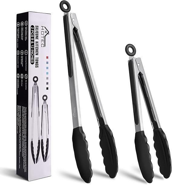 Hotecトング キッチントング シリコン 調理トング 調理器具 トングシリコン トング バーベキュー 焼き肉 耐熱 抗菌 スタンド付き ロック式収納便利 2本セット(ブラック)