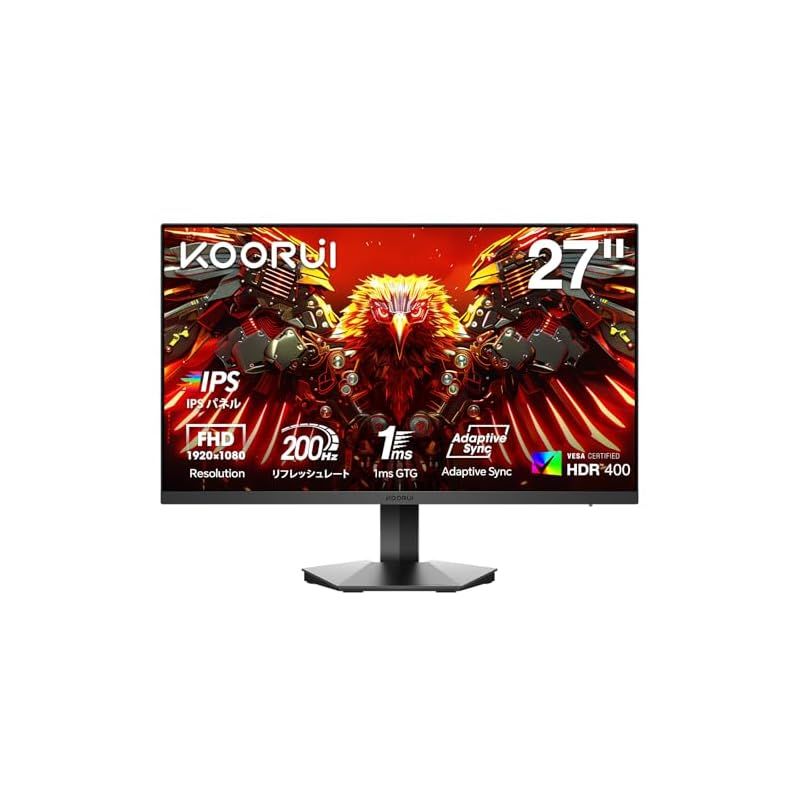 KOORUI ゲーミングモニター 27インチ IPS 200Hz 1ms GTG HDR400 非光沢 フルHD 90%DCI-P3ブルーライト軽減 HDMI DisplayPort Adaptive Sync VESA対応 G2711P
