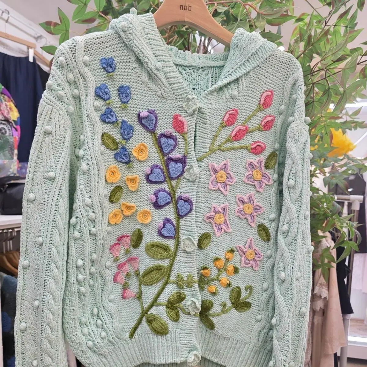 ミント フラワー 刺繡 フード ニット カーディガン