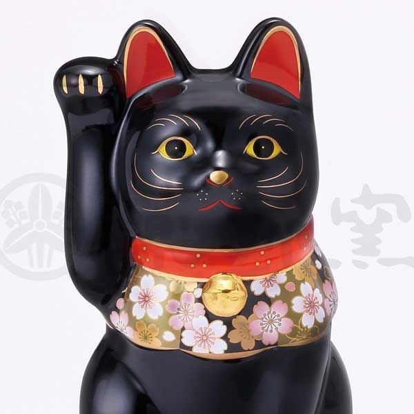 桜づくし 招き猫（黒・中） 高さ16.0cm ※陶器,置物,まねき猫
