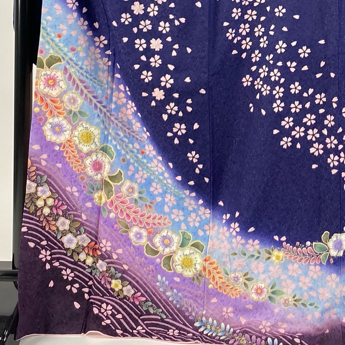 振袖 身丈170.5cm 裄丈68.5cm L 袷 辻が花柄 桜 銀通し 金彩 青紫 正絹