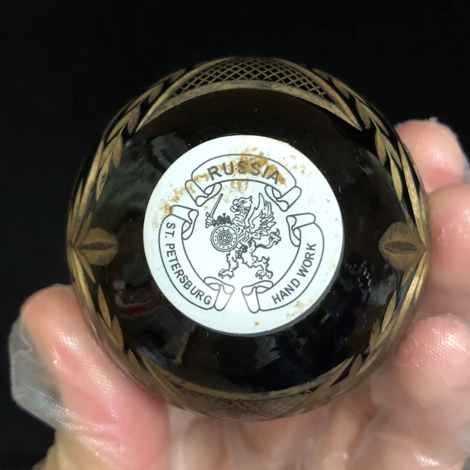 ロシア ヴィンテージ イースター エッグ 卵 ガラス細工 彫刻金彩 青 赤