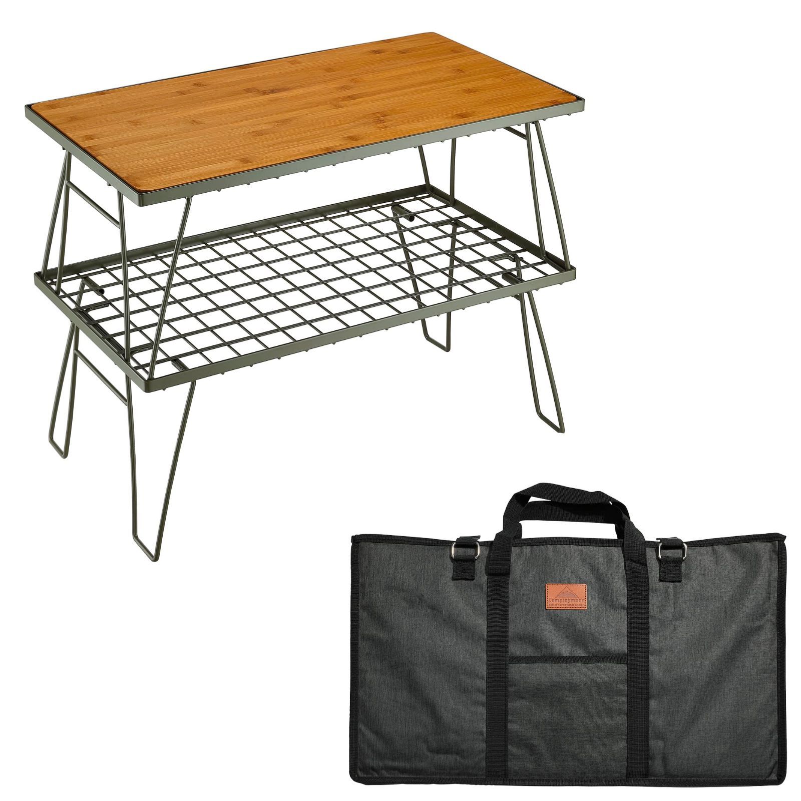 Color ラック2点 竹製天板1点 キャンピングムーン CAMPING MOON オリーブドラブ フィールド グラウンドラック ラック 折り畳みラック オリーブグレー カーキ スチール製 収納バック付き 本体T-233 2点|竹製天板フルセット T-233