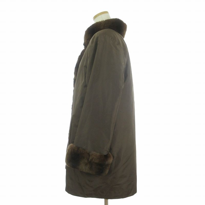 レリアン Leilian ラビットファー コート ミドル丈 中綿 毛皮 シルク ブラウン 茶 11 L位