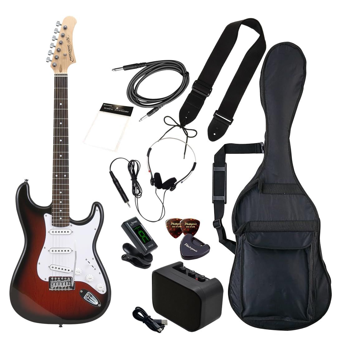 フォトジェニック Photogenic PhotoGenic エレキギター 初心者入門 ビギナーセット STタイプ ST-180|RDS レッドサンバースト ソフトケース|シールド|ミニアンプ|チューナー|ヘッドフォン|ストラップ|ピック|ピックケー