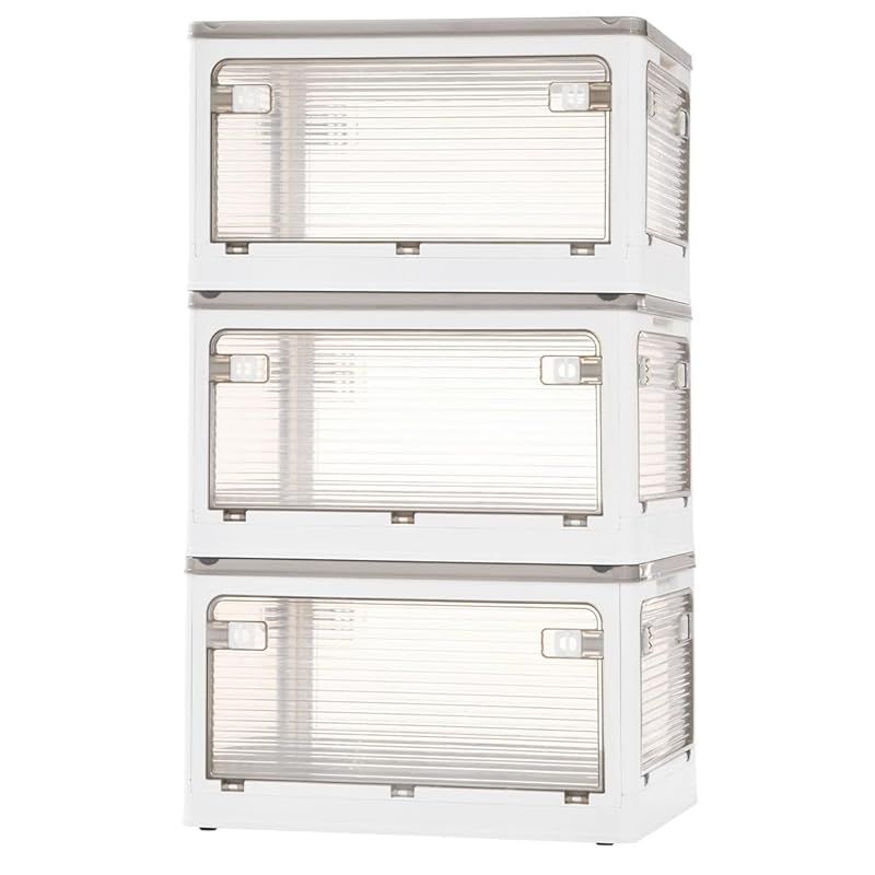 ぼん家具 収納ボックス 折り畳み キャスター 43L 3個セット 幅51.4×奥行36.4×高さ29.7cm 積み重ね コンテナボックス 白 蓋付き 5面開閉 防虫剤入れ 衣装ケース ロック 防災 1