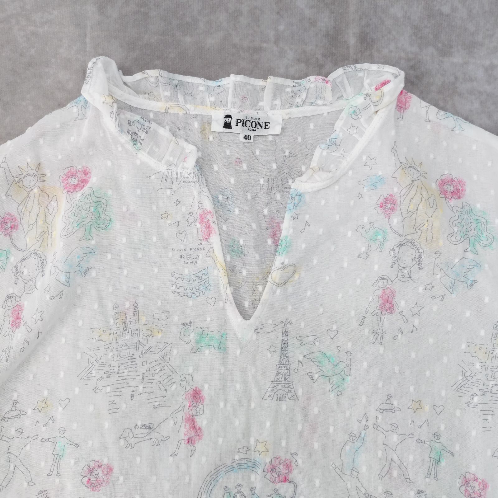 PICONE 40 サイズ ブラウス 七分袖 Vネック フリル シアー