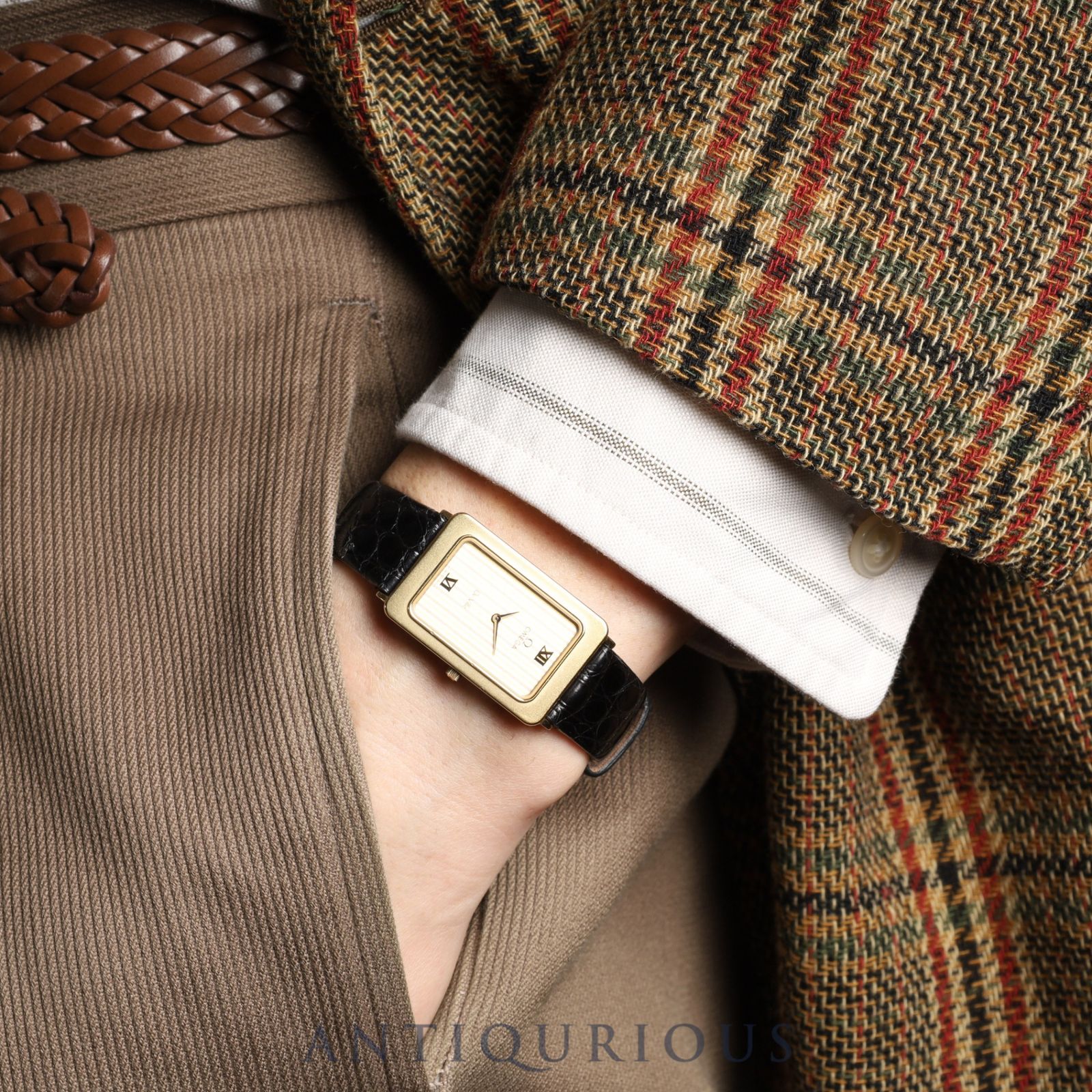 オメガ デ ヴィル 195.0051 クォーツ Cal.1455 GP 革 社外尾錠 GP ゴールドストライプ文字盤 オーバーホール済み