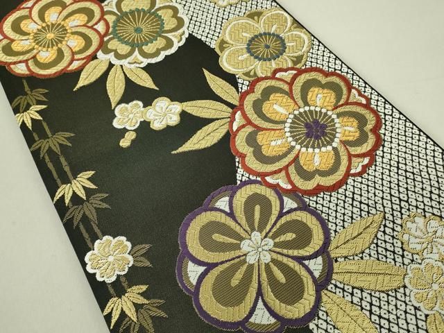 平和屋着物◎六通柄袋帯 吉祥舞花文 黒地 金糸 正絹 逸品