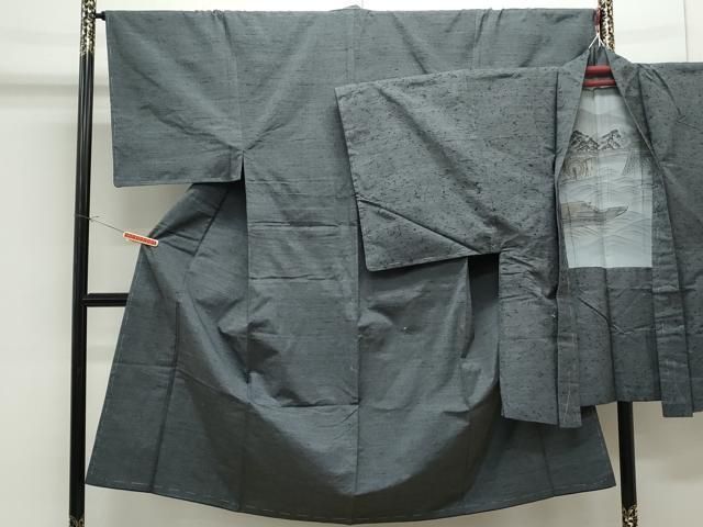 平和屋着物●男性 紬 髭紬羽織セット 色無地 墨色 正絹 CAAS9323th