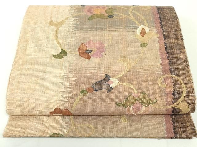 平和屋着物○太鼓柄袋帯 紬地 更紗花唐草文 金彩 正絹 逸品