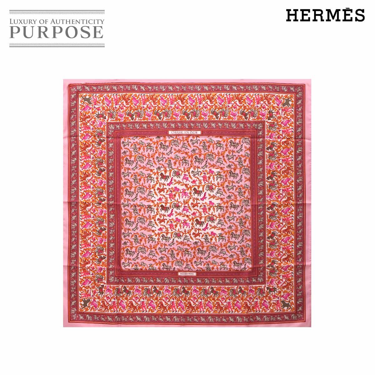♥ 展示品 エルメス HERMES カレ 90 大判 スカーフ Chasse en inde インドの狩猟 シルク ローズ キュイーブル 90289099