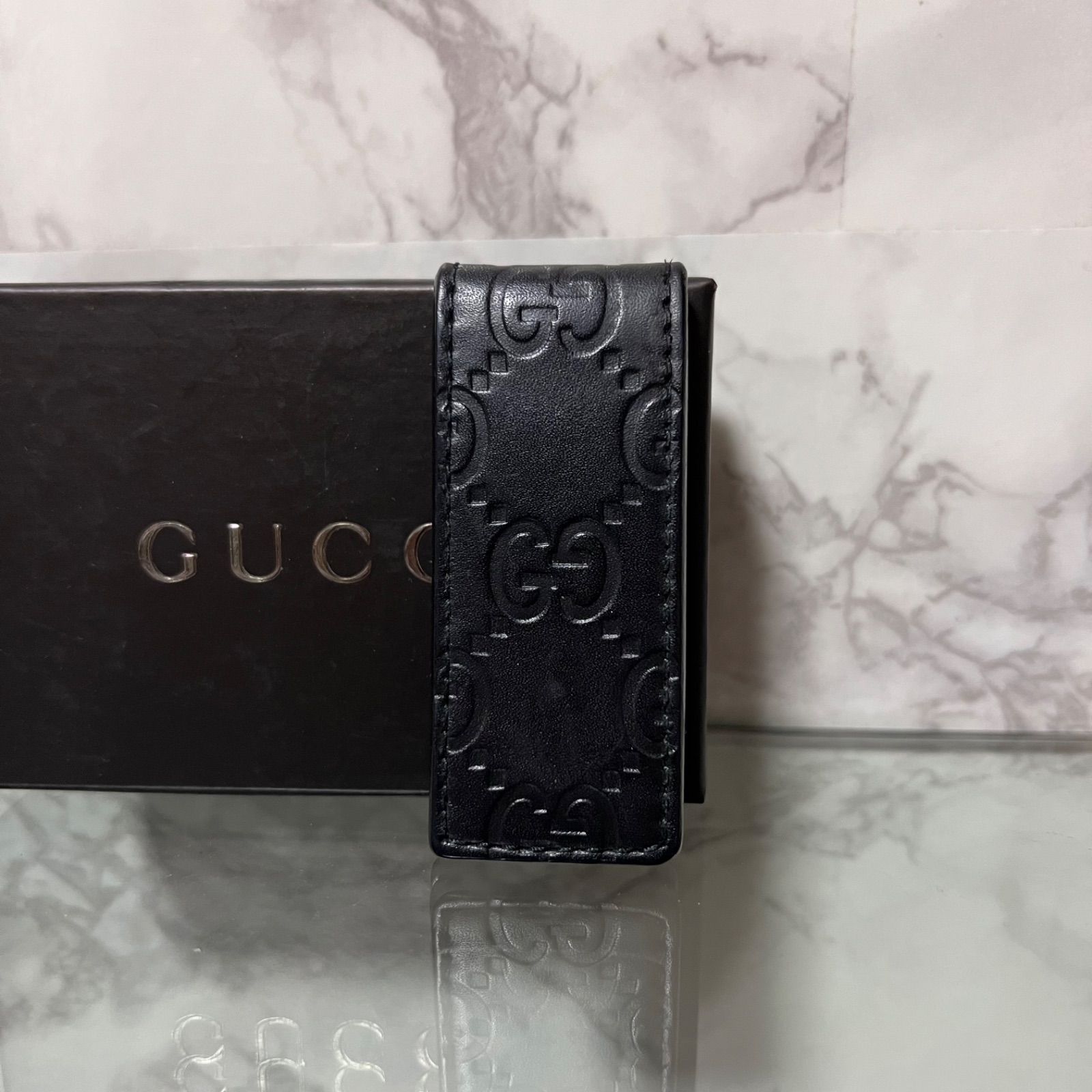 GUCCI マーモント マネークリップGGロゴ金具マグネット レザー 黒