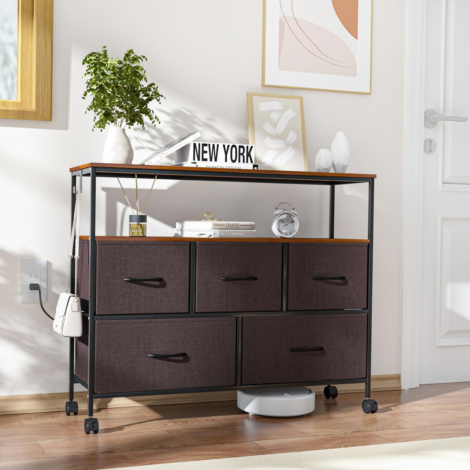 LunarLight チェスト タンス 幅100奥行30高さ78㎝ 収納チェスト 収納ケース コンセント2口付き キャスター付き ストッパー付き 移動式と固定式2機能 テレビ台としても使える 頑丈 組立簡単 耐震転倒防止 大容量収納 引き出し２段5杯 棚