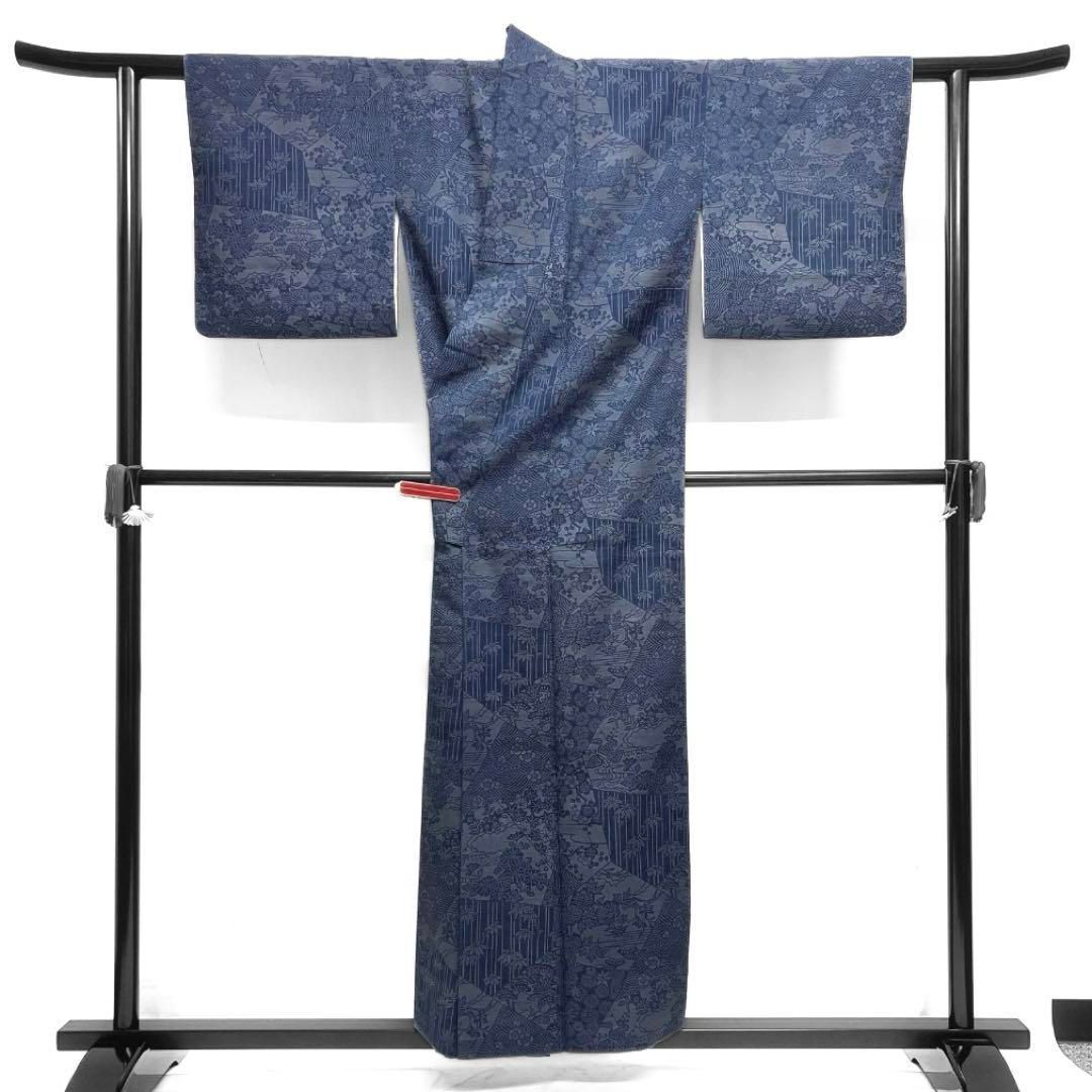 未着用 小紋 モノトーン 縦縞 竹筋 菊花 七宝 破線 着物 032a d（小紋  