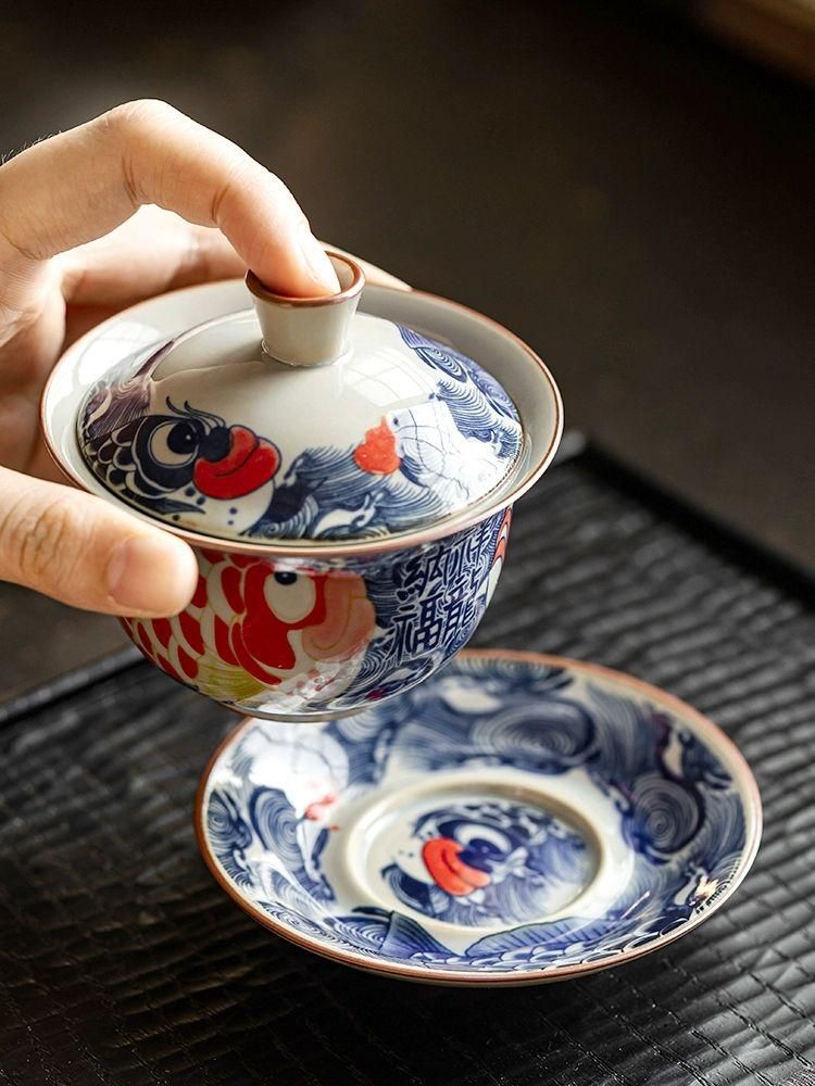 景徳鎮 青花納福竜魚三才蓋碗 茶碗 煎茶器 中国茶器 新品未使用