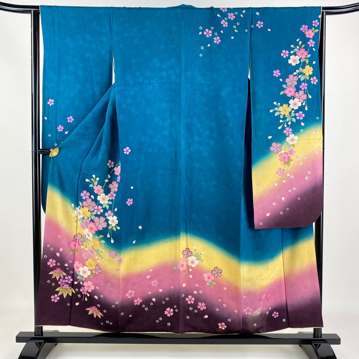 振袖 身丈154.5cm 裄丈63.5cm S 袷 枝垂れ桜 笹 箔 染め分け 青緑 