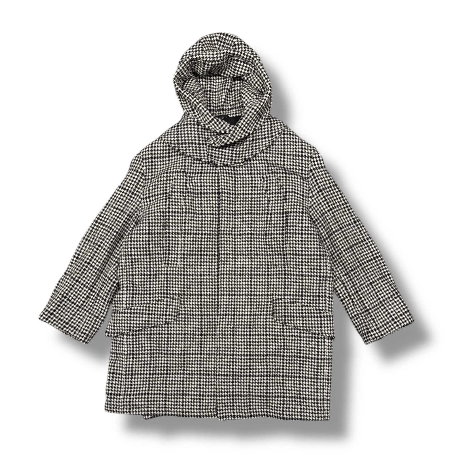 RAF SIMONS 千鳥格子アームワッペンロングコート パデッドコート ラフシモンズ 712-20015 ブラック×ホワイト 46 87975A0