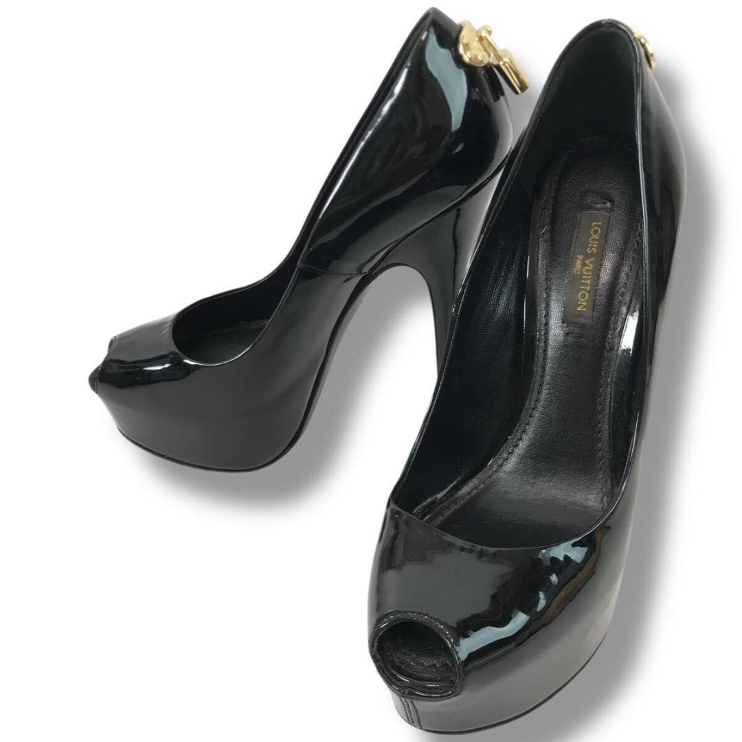 箱付き】ルイヴィトン エナメル モノグラム プラットフォーム パンプス 黒