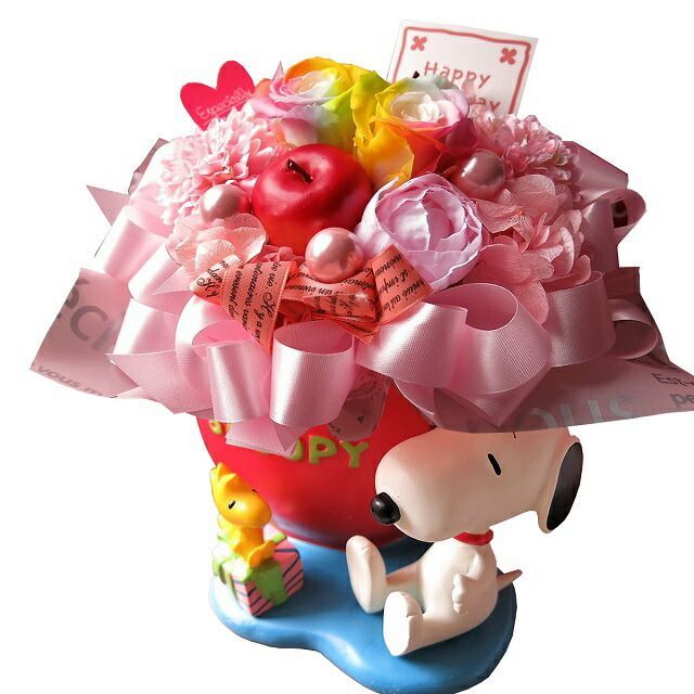 結婚祝い スヌーピー付き フラワーギフト 花 レインボーローズ プリザーブドフラワー入り ケース付き ◆誕生日プレゼント・記念日の贈り物におすすめのフラワーギフト