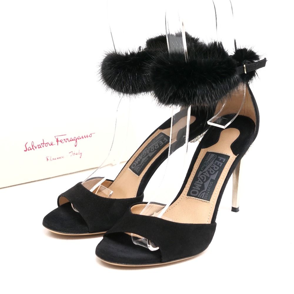 Salvatore Ferragamo サルヴァトーレフェラガモ サンダル サイズ5C ミンクファー装飾 アンクルストラップ パンプス靴 イタリア製 ブランド古着 20250523|RA4912