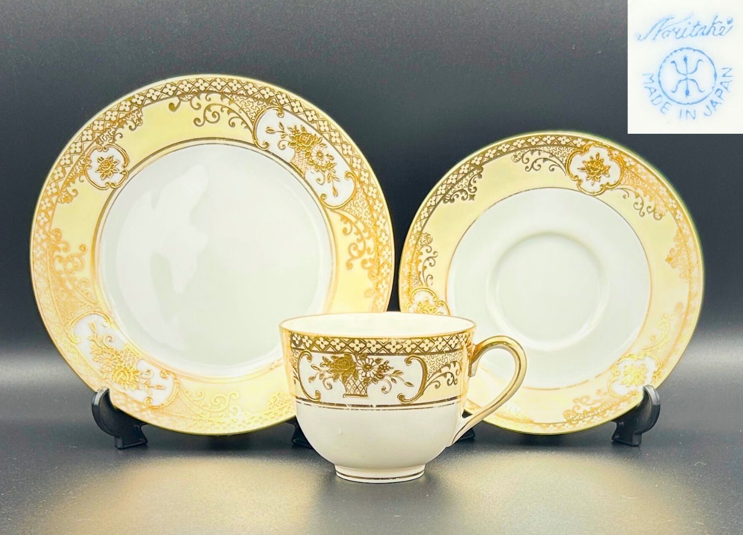 オールドノリタケ トリオ カップ ソーサー プレート マルキ印 里帰り アンティーク 金盛り 花かご文 大正末期 1920年代 F036