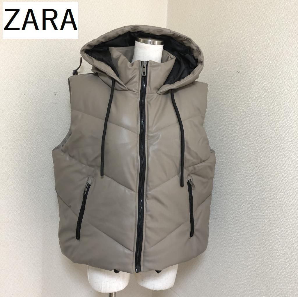 ZARA】ザラ ダウンベスト フード付き フェイクレザー パフベスト