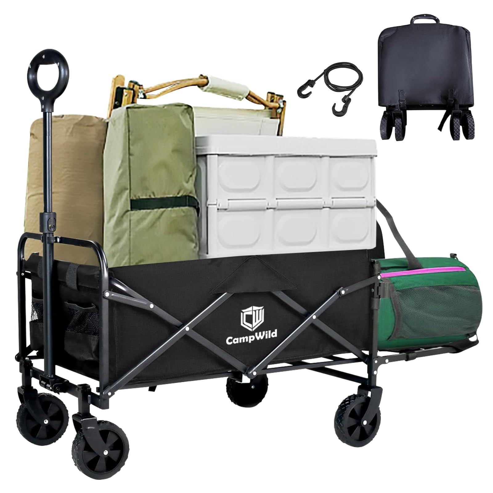 CampWild アウトドアワゴン 折りたたみ キャリーワゴン 自立収納式 後ろ開けキャンプワゴン 長物対応 容量が30%増加 耐荷重120kg コンパクト大容量 オックスフォードタープン アウトドア レジャ