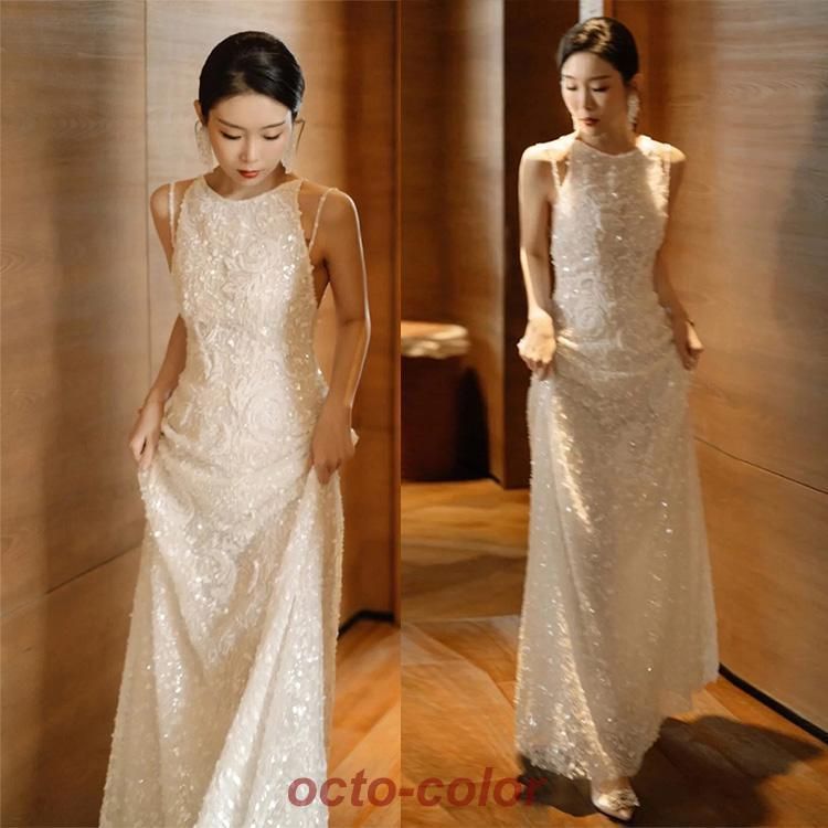 イブニングドレス ノースリーブ ホルターネック ロングドレス 白 