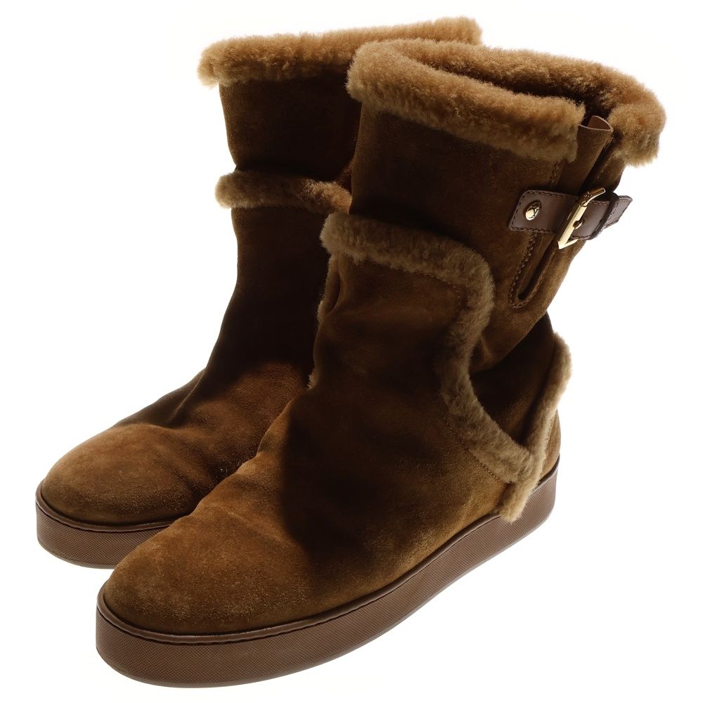 LOUIS VUITTON ルイヴィトン ソールロゴ スエードレザー ベルトデザイン ボアライニング ムートン ショートブーツ ハイカットシューズ ゴールド金具 ブラウン レディース