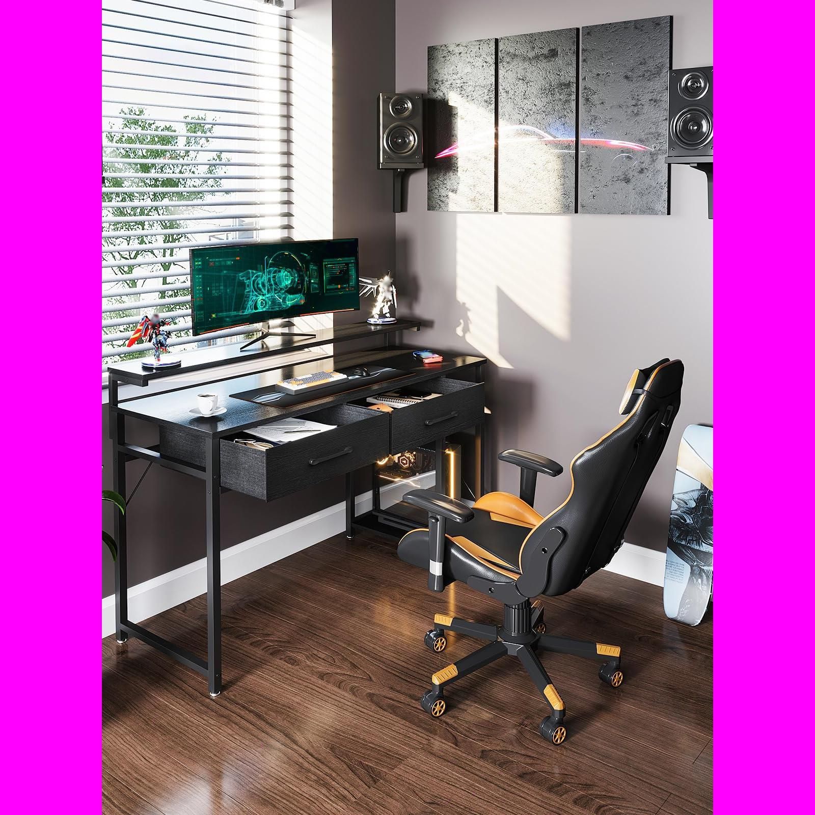 重要性のある ワークデスク 3段階モニター台付き オフィスデスク pcデスク おしゃれ 机 省スペース パソコンデスク 幅120cm 一人暮らし 引き出し2杯付き 在宅勤務 ラック付きデスク 左右入れ替え対応 ゲーミングデスク ブラック ODK