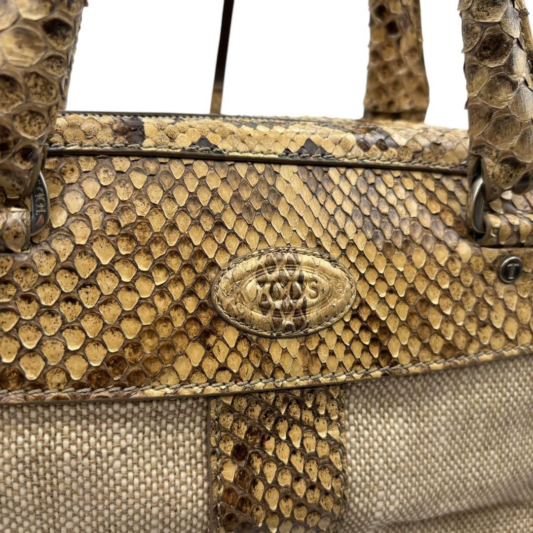 【美品】トッズ TODS ボストンバッグ 大型 キャンバス パイソンレザー 98 美品】トッズ TODS ボストンバッグ 大型 キャンバス パイソン