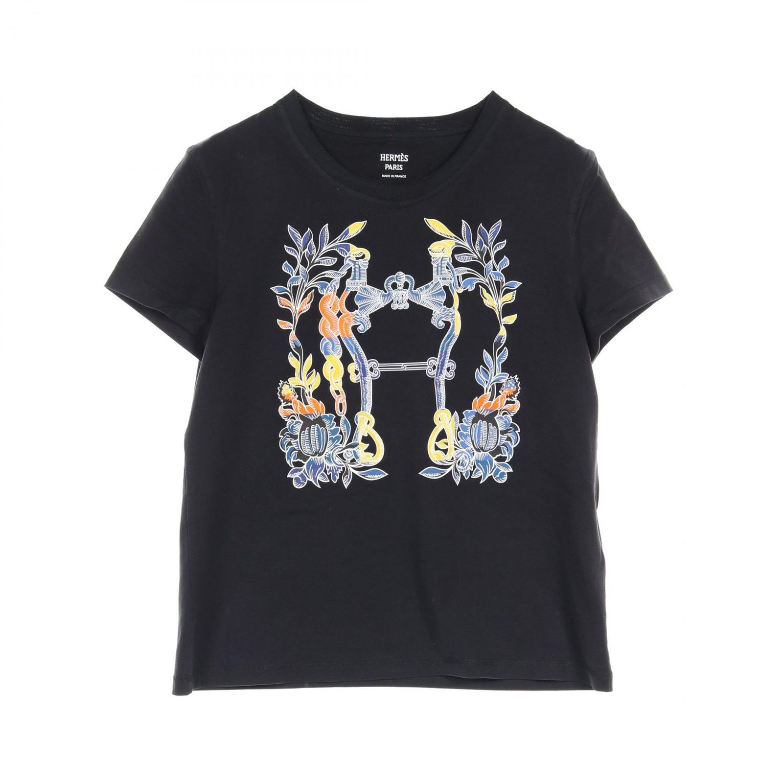 エルメス HERMES カットソー カルトゥッシュ デッラ カヴァッレリア 4E4629DA ブラック コットン Tシャツ レディース Used A