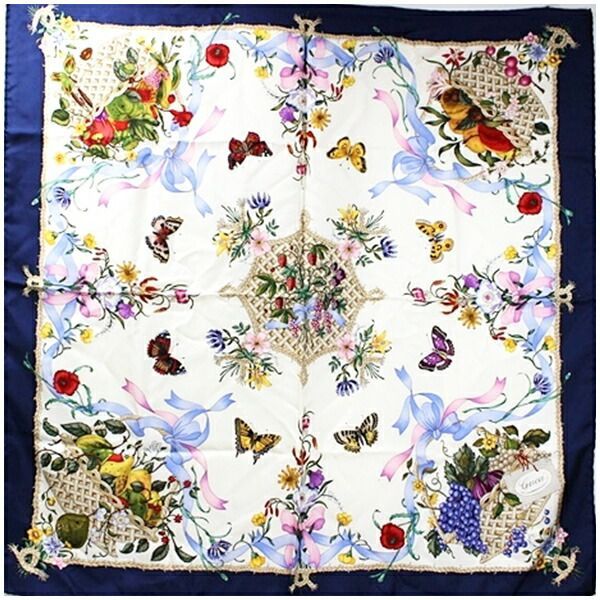 GUCCI グッチシルクスカーフ花柄マルチカラー紺