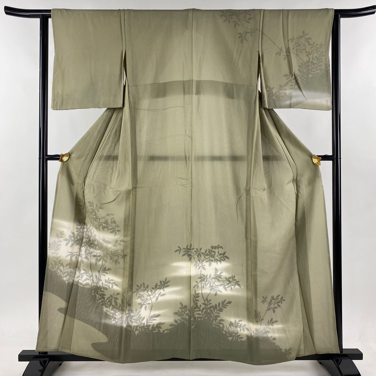 訪問着 身丈157.5cm 裄丈63cm S 紗絽袷 枝花 霞 ぼかし 灰緑 正絹 名品