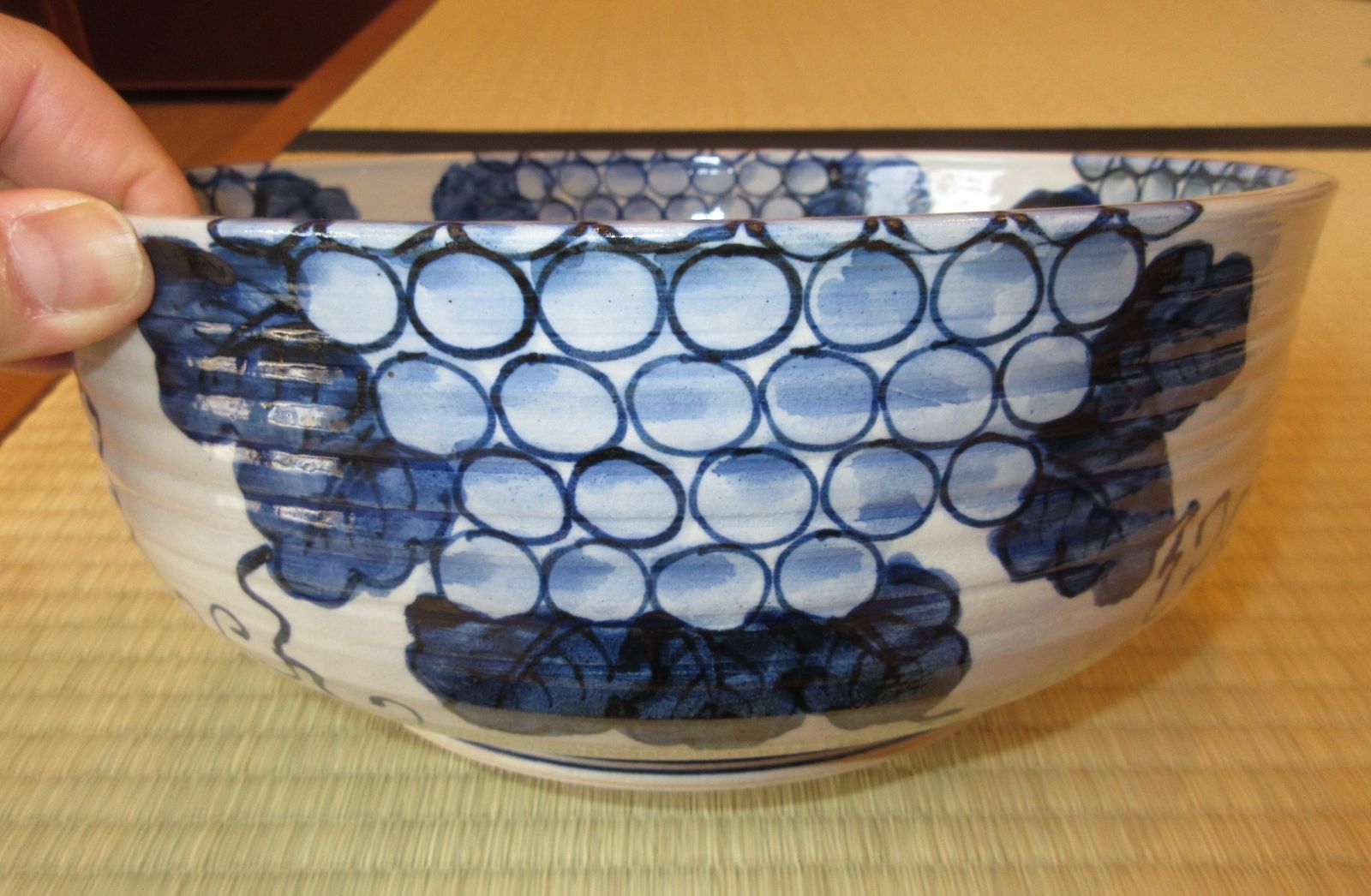 逢絢亭 茶道具 平水指 京焼 染付 葡萄の図 真塗の割蓋 平安桐鳳 共箱入り